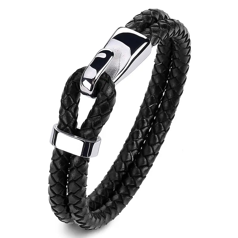 Stainless Steel Braided Leather Bracelet Black Men