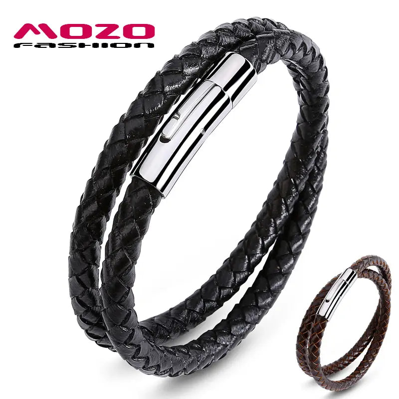 Black Leather Braided Bracelet with Magnetic Clasp