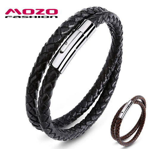 Black Leather Braided Bracelet with Magnetic Clasp