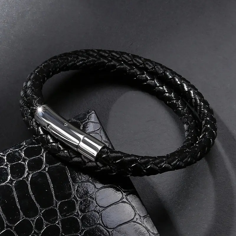 Black Leather Braided Bracelet with Magnetic Clasp