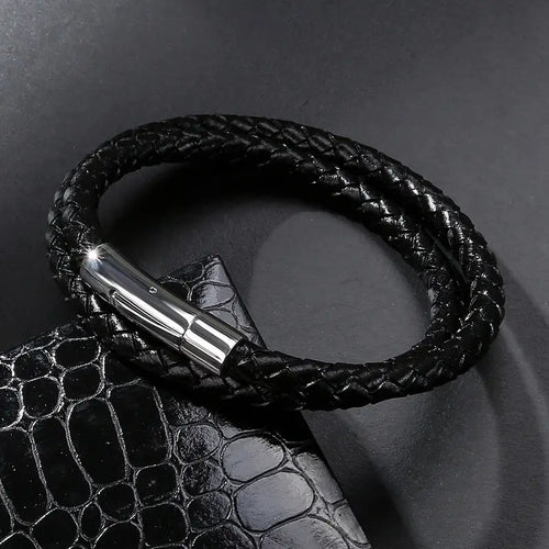 Black Leather Braided Bracelet with Magnetic Clasp