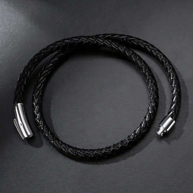 Black Leather Braided Bracelet with Magnetic Clasp