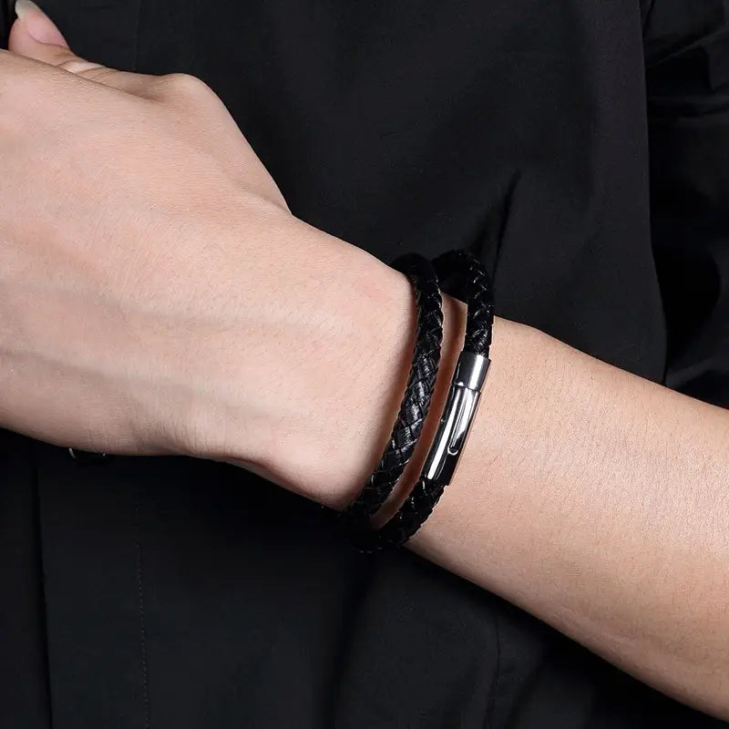 Black Leather Braided Bracelet with Magnetic Clasp