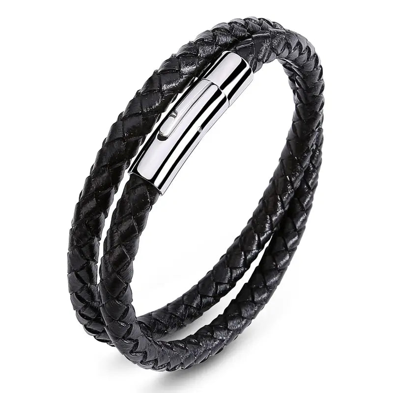 Black Leather Braided Bracelet with Magnetic Clasp