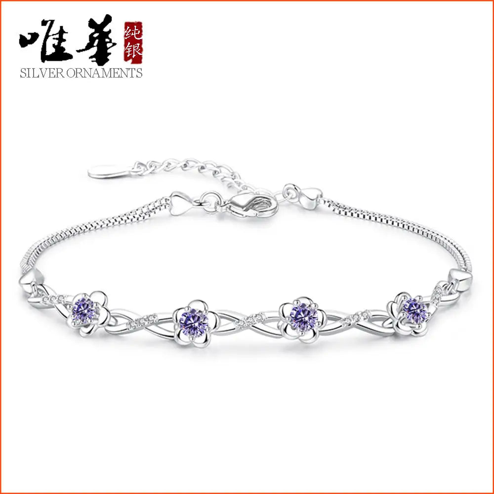 Silver Floral Bracelet with Purple Gemstones for Women