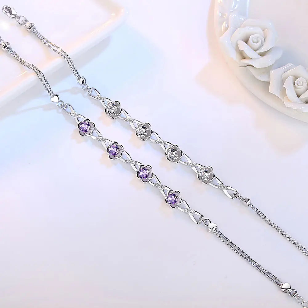 Silver Floral Bracelet with Purple Gemstones for Women
