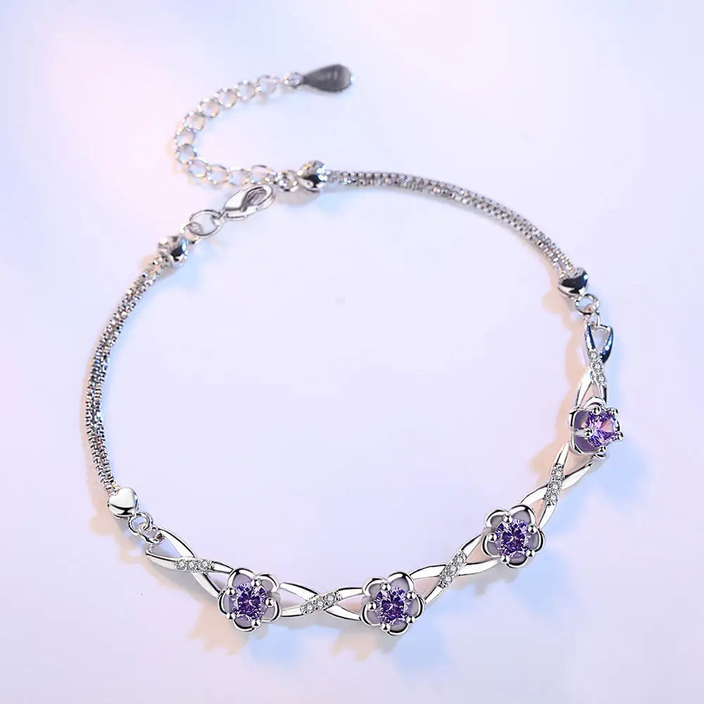 Silver Floral Bracelet with Purple Gemstones for Women