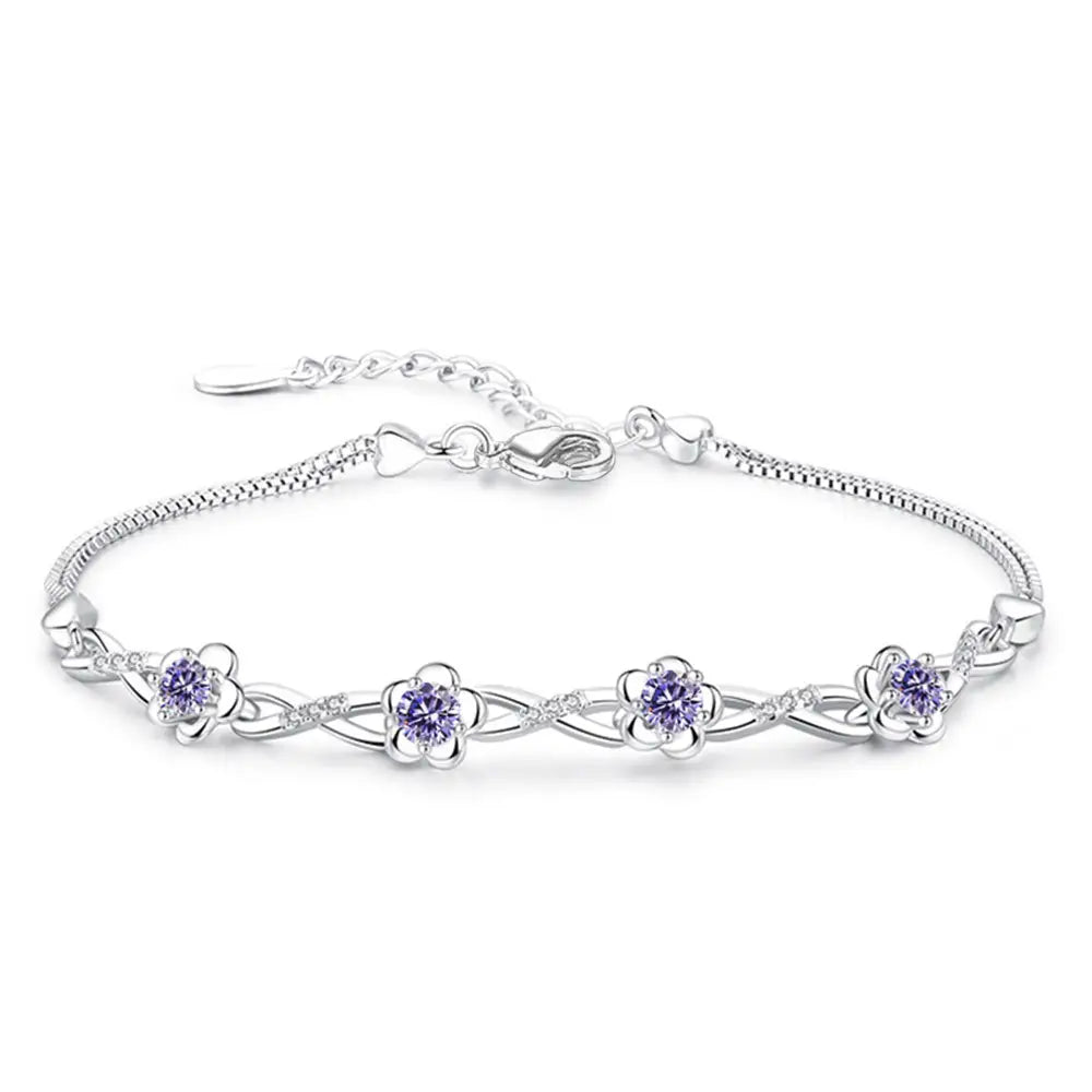 Silver Floral Bracelet with Purple Gemstones for Women
