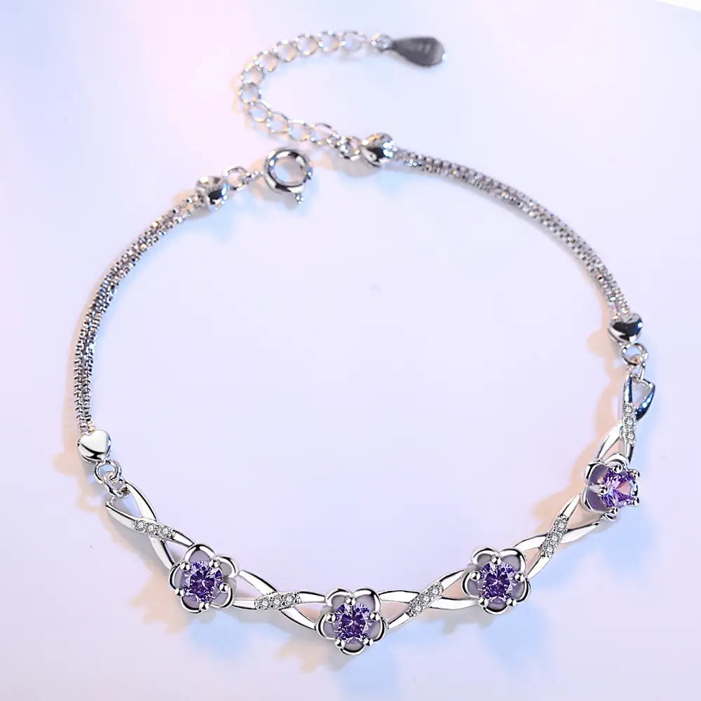 Silver Floral Bracelet with Purple Gemstones for Women