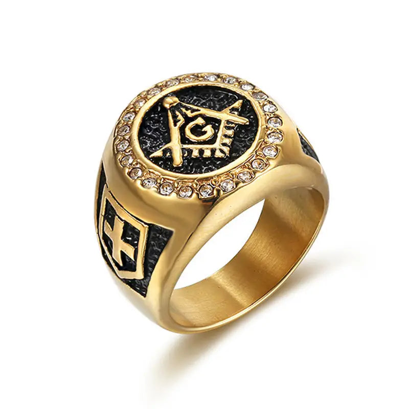 Gold Plated Emblem Ring for Men, Sparkling Stones & Durable Design