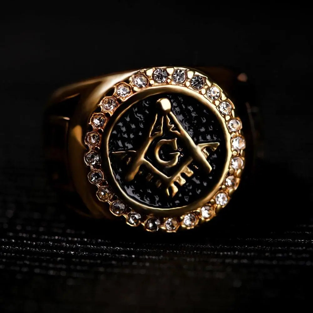 Gold Plated Emblem Ring for Men, Sparkling Stones & Durable Design
