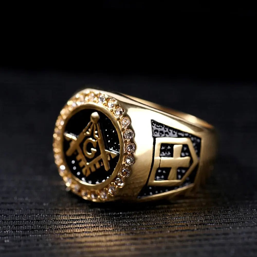 Gold Plated Emblem Ring for Men, Sparkling Stones & Durable Design