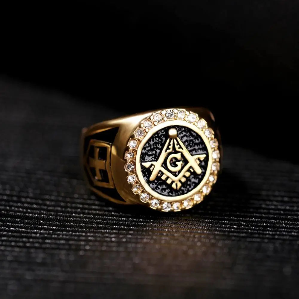 Gold Plated Emblem Ring for Men, Sparkling Stones & Durable Design
