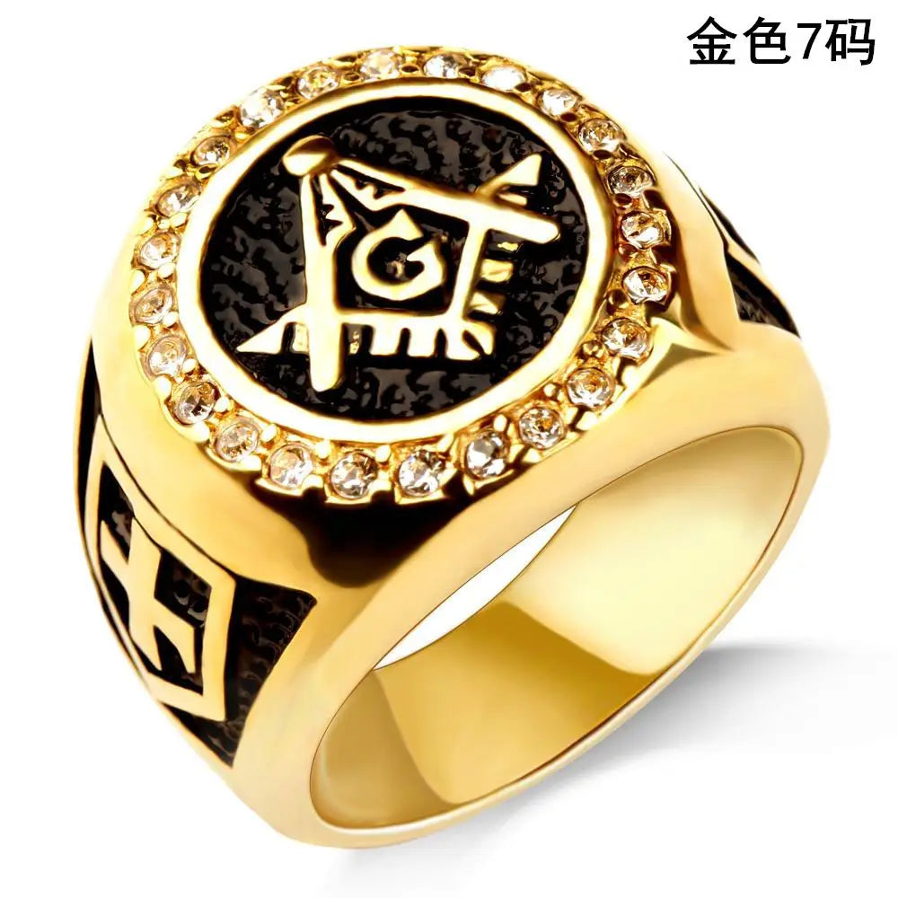 Gold Plated Emblem Ring for Men, Sparkling Stones & Durable Design