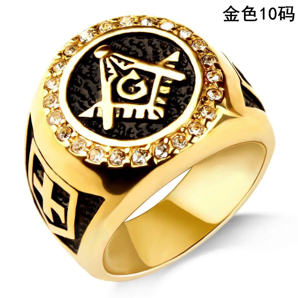 Gold Plated Emblem Ring for Men, Sparkling Stones & Durable Design