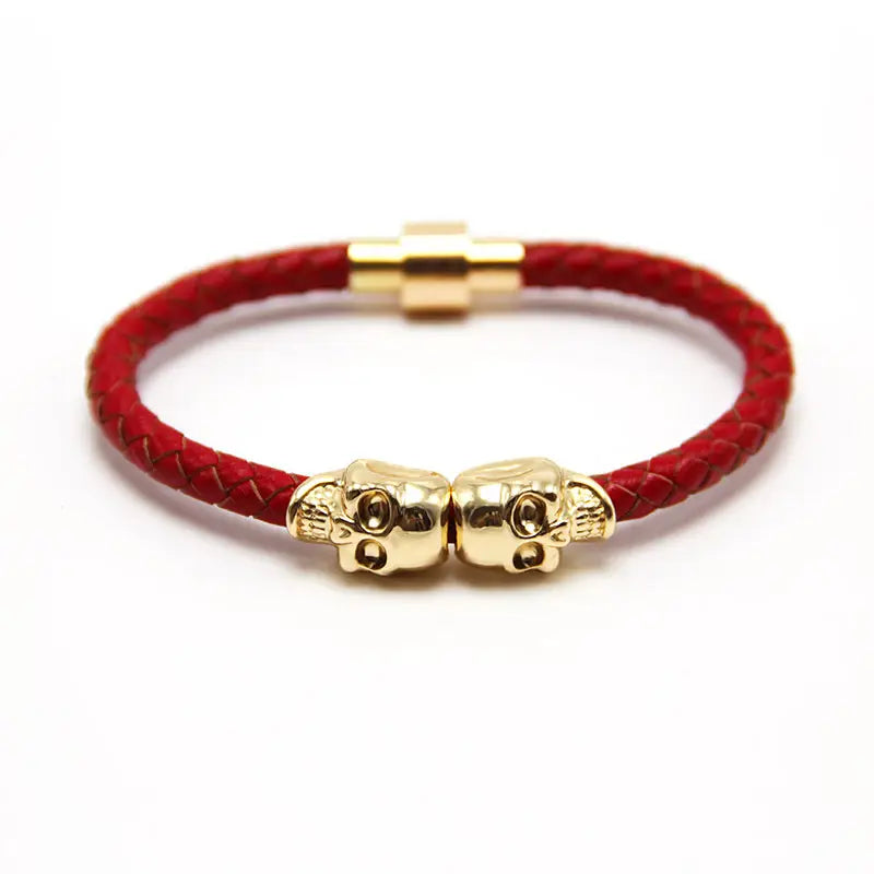 Gold Plated Skull Braided Leather Bracelet for Men