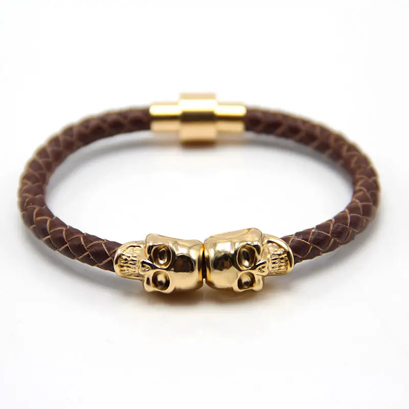 Gold Plated Skull Braided Leather Bracelet for Men