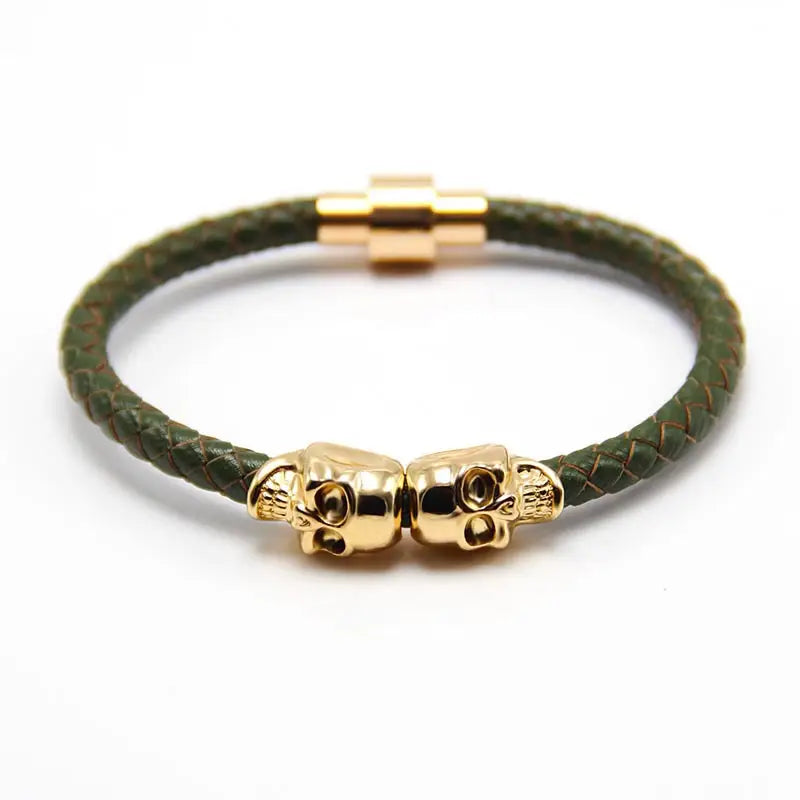 Gold Plated Skull Braided Leather Bracelet for Men
