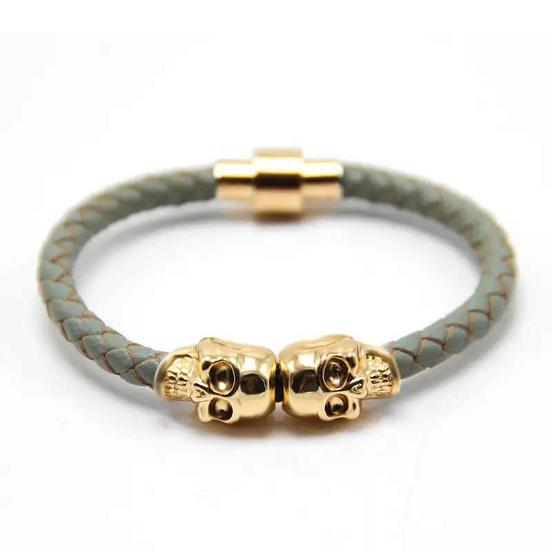 Gold Plated Skull Braided Leather Bracelet for Men