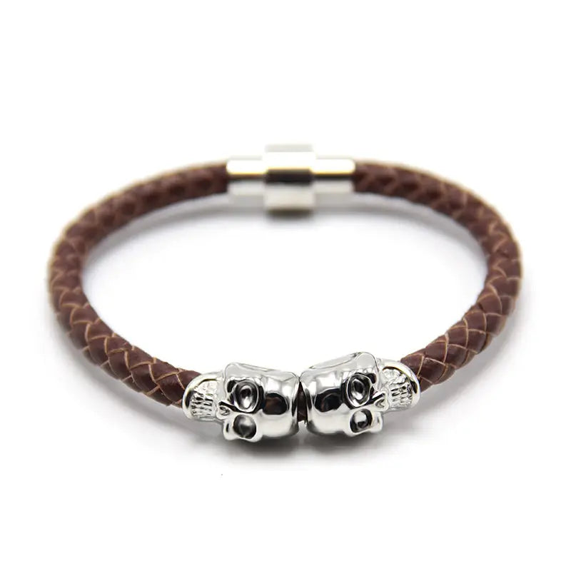 Gold Plated Skull Braided Leather Bracelet for Men