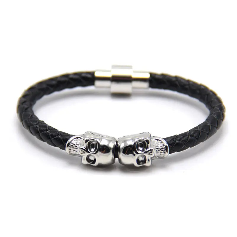 Gold Plated Skull Braided Leather Bracelet for Men