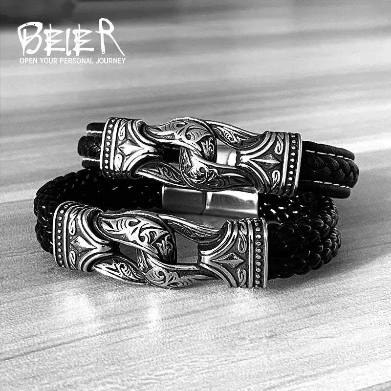 Black Viking Leather Bracelet for Men