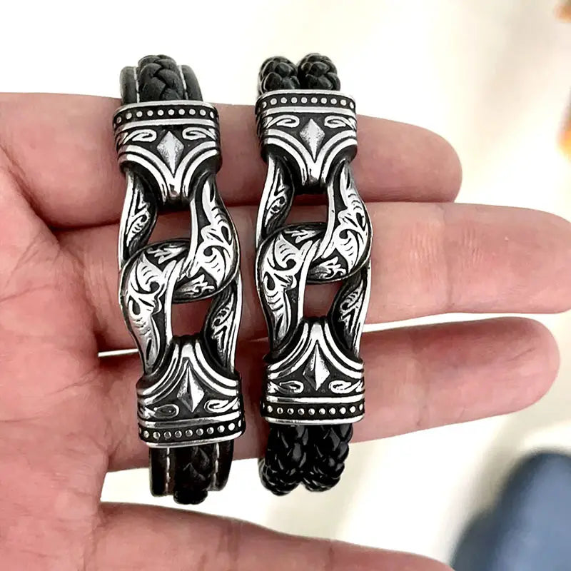 Black Viking Leather Bracelet for Men
