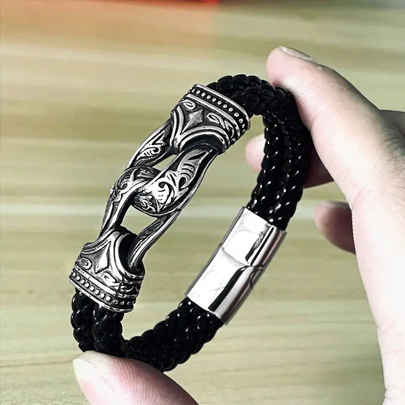 Black Viking Leather Bracelet for Men