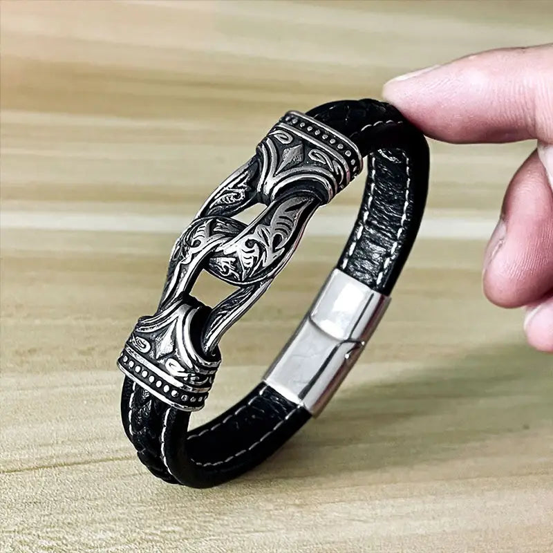 Black Viking Leather Bracelet for Men