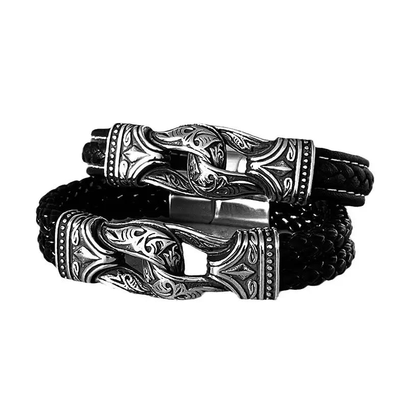 Black Viking Leather Bracelet for Men