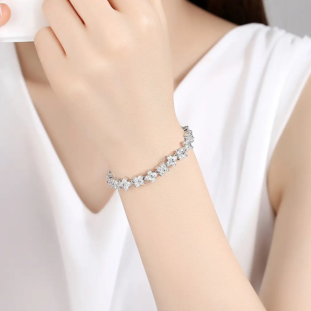 Silver Flower Bracelet for Women with Sparkling Stones