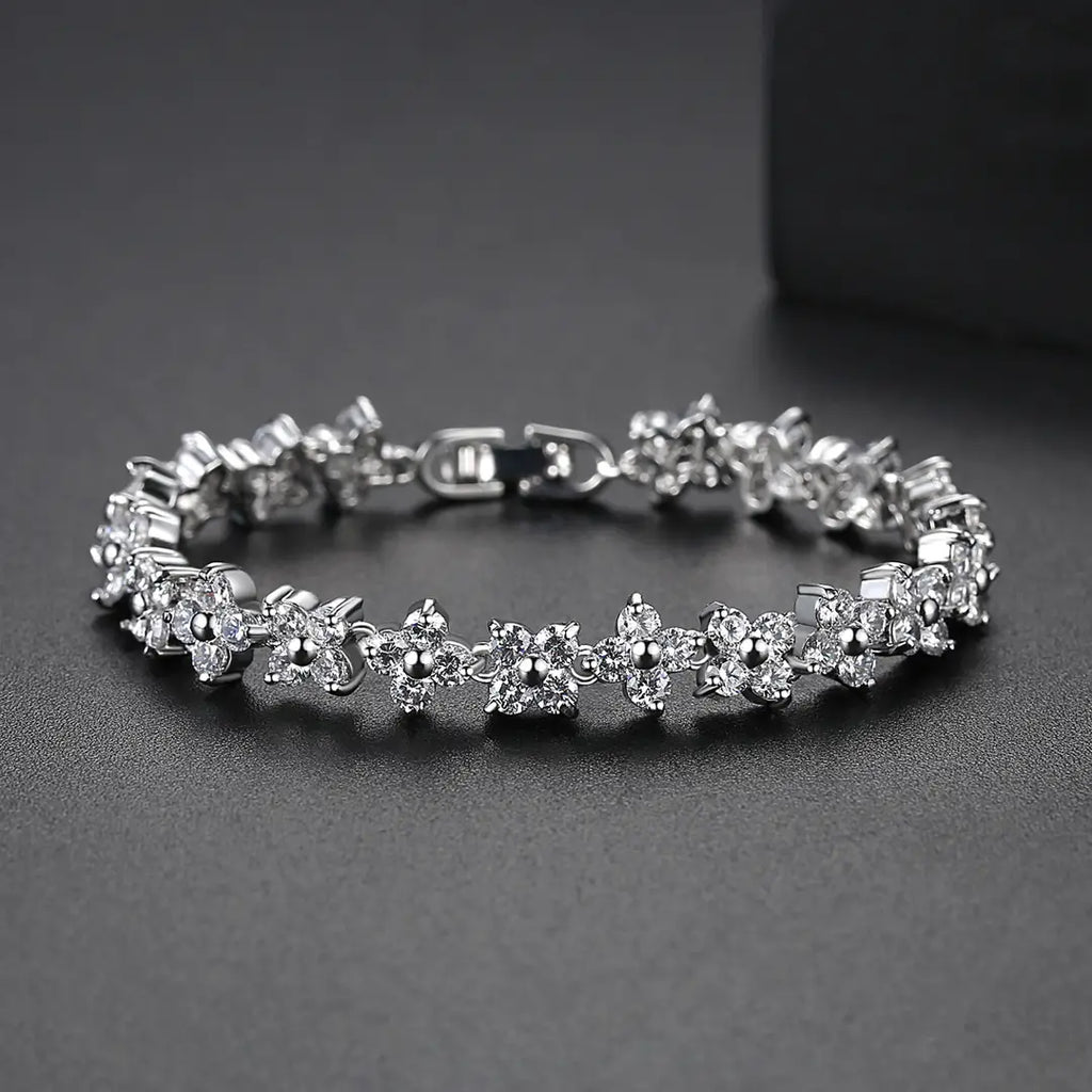Silver Flower Bracelet for Women with Sparkling Stones