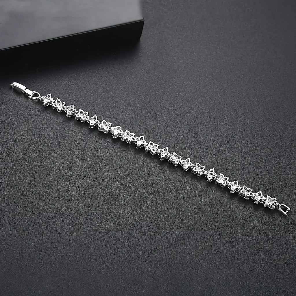 Silver Flower Bracelet for Women with Sparkling Stones