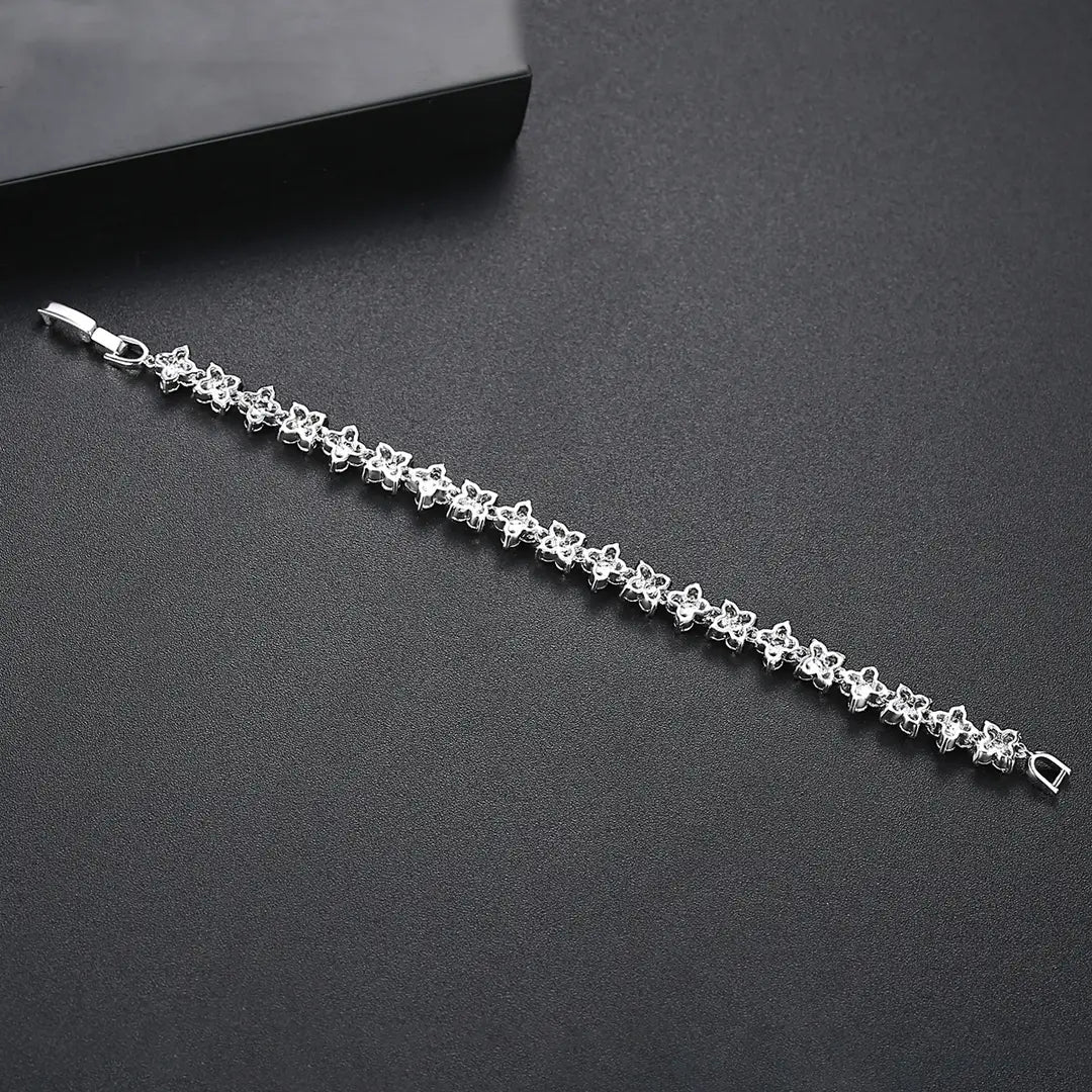 Silver Flower Bracelet for Women with Sparkling Stones