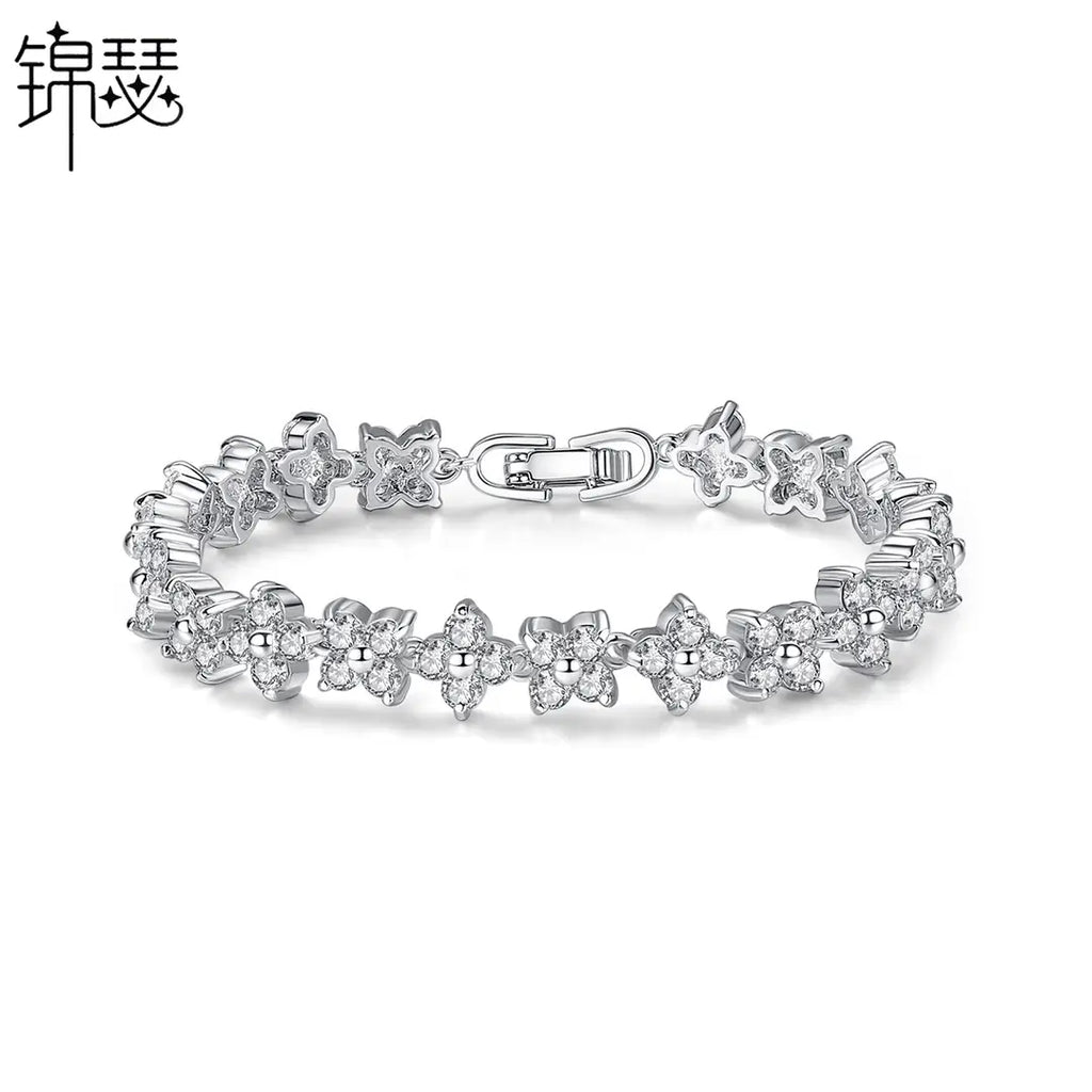 Silver Flower Bracelet for Women with Sparkling Stones