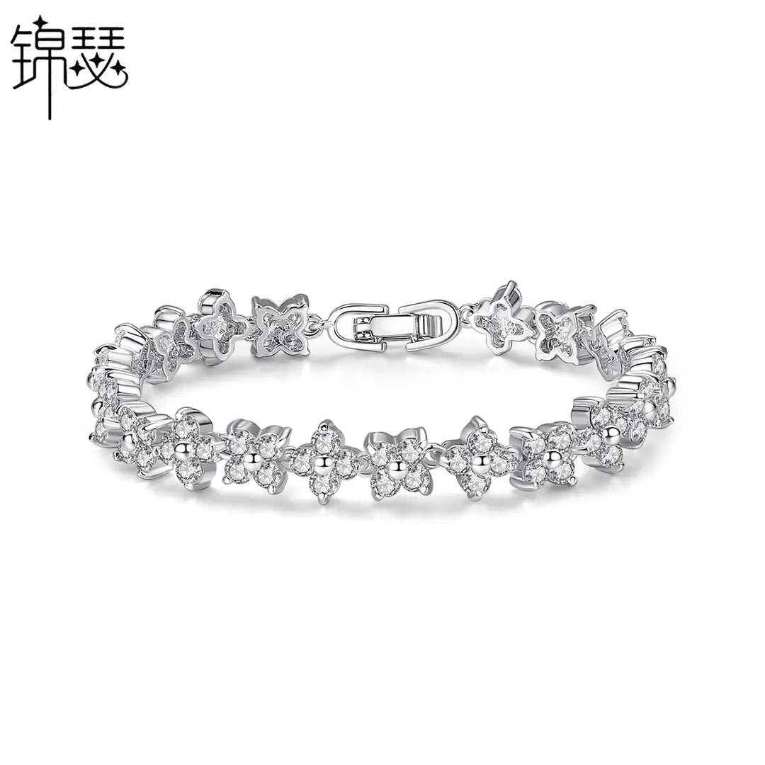 Silver Flower Bracelet for Women with Sparkling Stones
