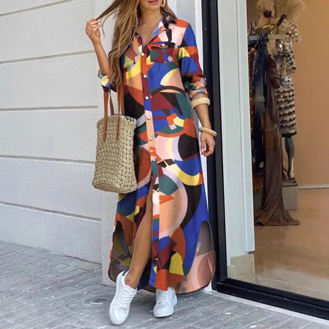 White Printed Long Sleeve Shirt Dress for Women Spring Summer