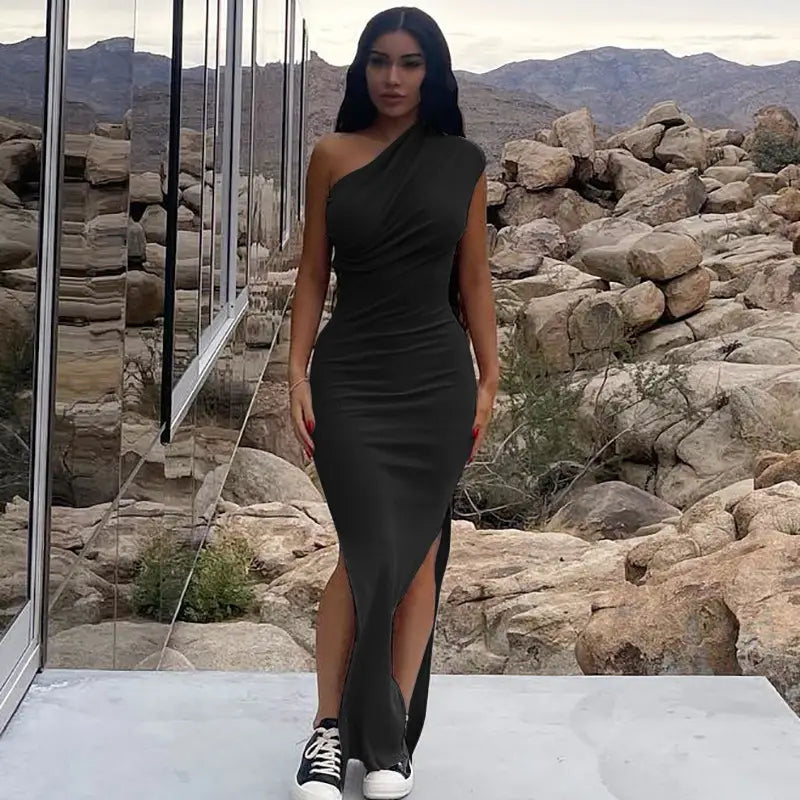 Women Slim Fit Split Dress Khaki Summer New Collection