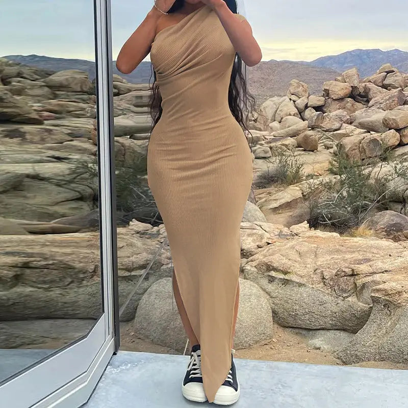 Women Slim Fit Split Dress Khaki Summer New Collection