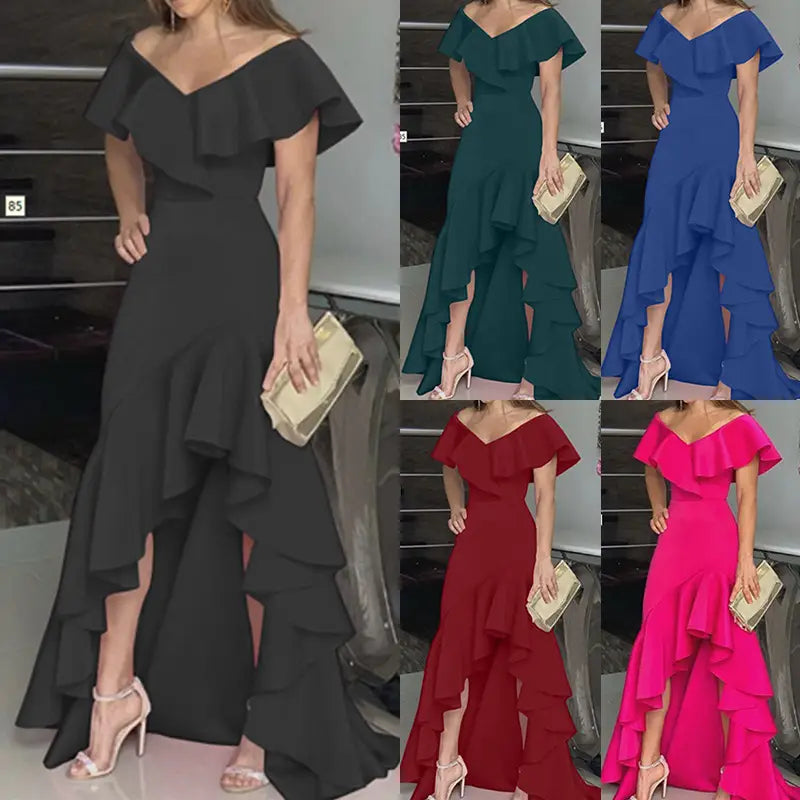 Elegant V-neck Ruffled Irregular Dress for Women