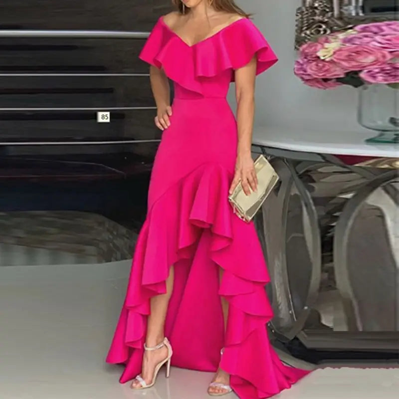 Elegant V-neck Ruffled Irregular Dress for Women