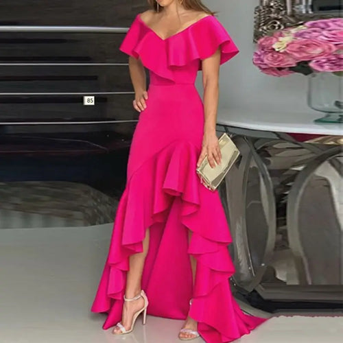 Elegant V-neck Ruffled Irregular Dress for Women