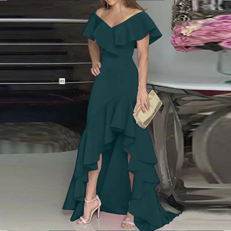 Elegant V-neck Ruffled Irregular Dress for Women