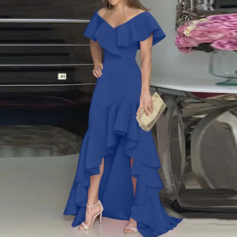 Elegant V-neck Ruffled Irregular Dress for Women