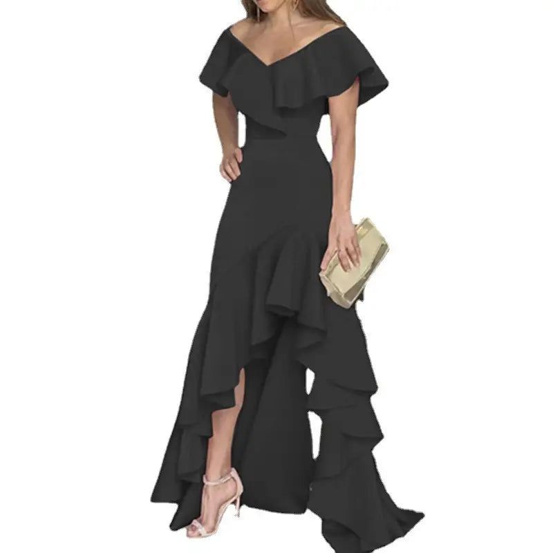 Elegant V-neck Ruffled Irregular Dress for Women