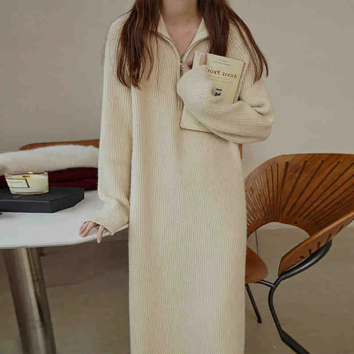 Women Knitted Half-Zip Sweater Dress Creamy White Loose Fit Winter