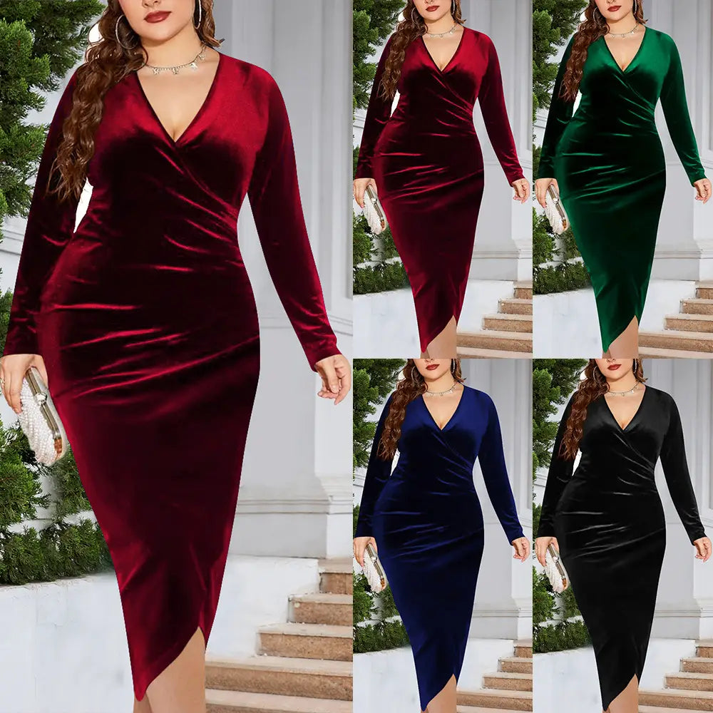 Plus Size Velvet Wrap Dress Deep V Neck Long Sleeve Red
