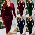 Plus Size Velvet Wrap Dress Deep V Neck Long Sleeve Red