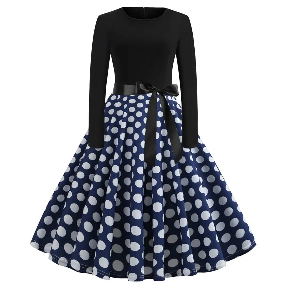 Women Retro Print Long Sleeve Slim Dress