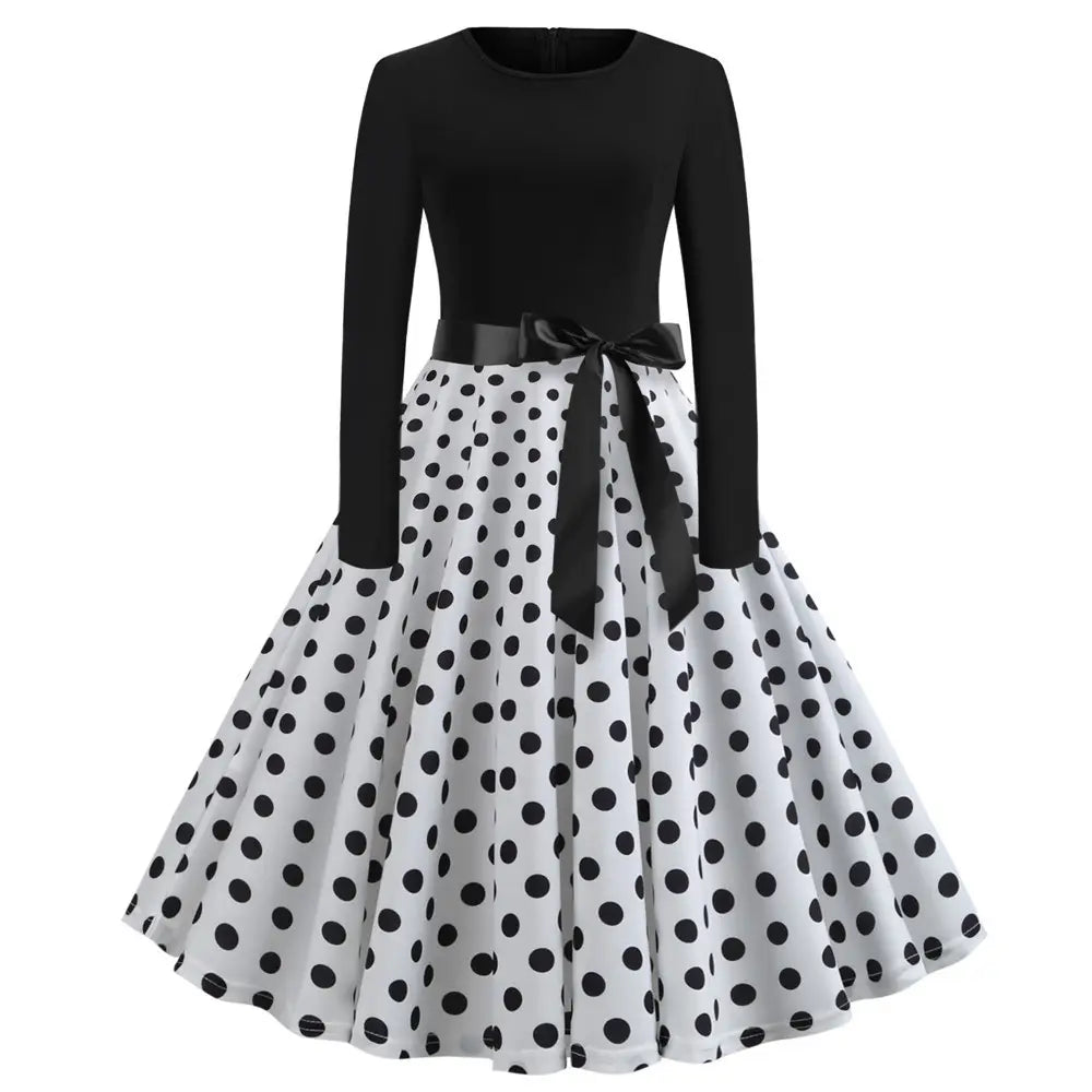 Women Retro Print Long Sleeve Slim Dress